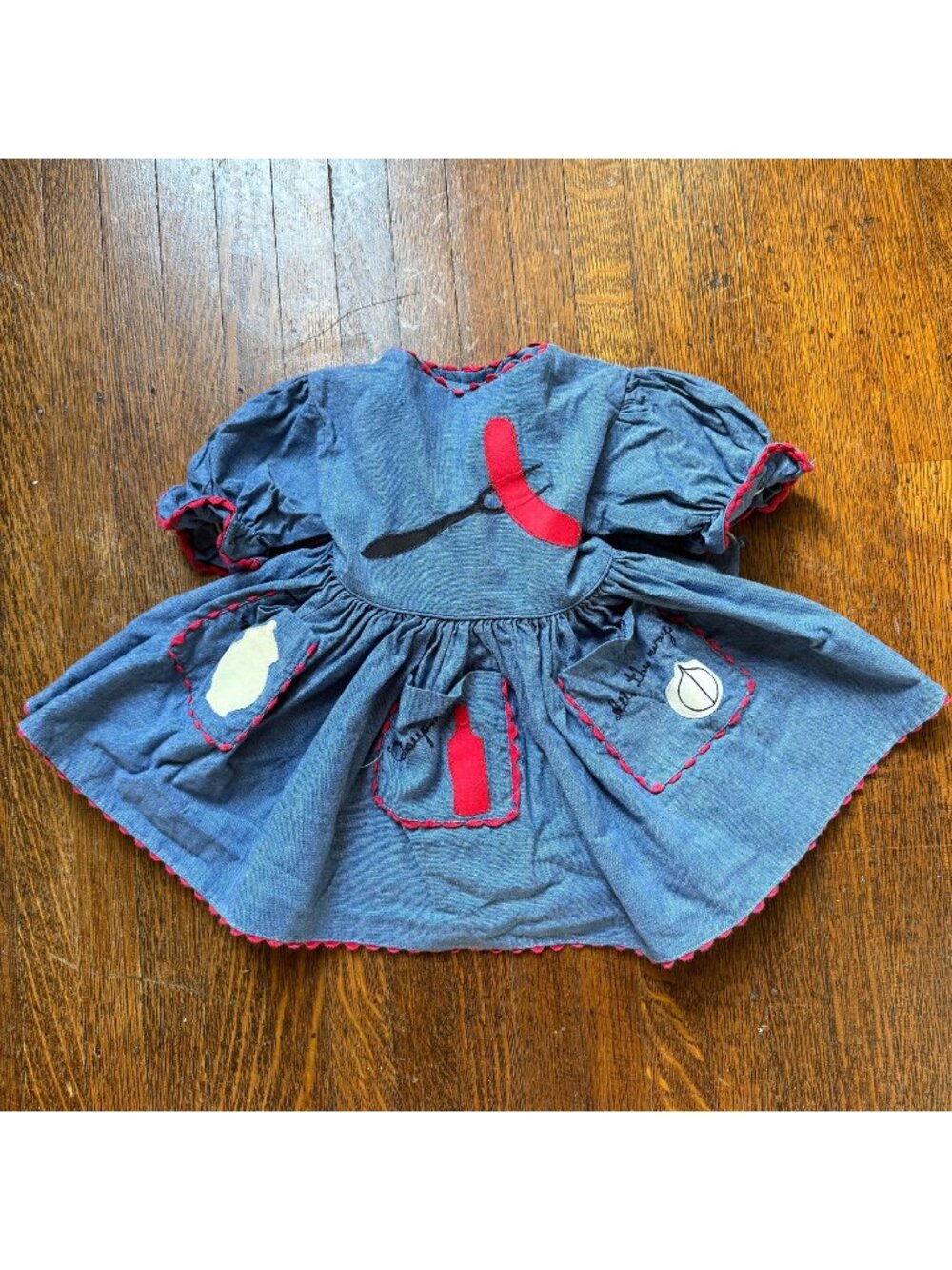 Vintage 1950s Chambray Baby Dress, Hot Dog BBQ Applique, Full Skirt, Size 3-6m